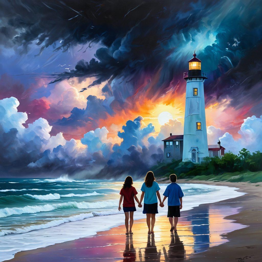 A serene landscape contrasting a dark, stormy sky, embodying the emotional turmoil of troubled teens. In the foreground, a family holding hands, symbolizing unity and support amid the chaos. Include symbolic elements like a lighthouse guiding the way, and soft rays of sunlight breaking through the clouds. Emphasize vibrant colors in the family and muted tones in the storm to highlight the theme of hope and resilience. painting. vibrant colors. soft brushstrokes.