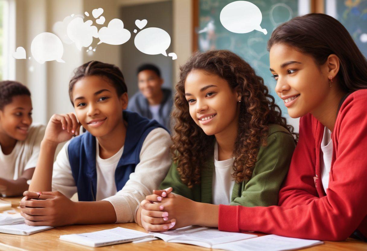 A warm, inviting scene of diverse teenagers engaging in discussion, surrounded by thought bubbles filled with symbols of communication (phones, hearts, speech bubbles). The backdrop should show a supportive environment, like a schoolyard or community center. Emphasize emotions like empathy and friendship, with soft, radiant lighting portraying hope. Include elements like books and art supplies to symbolize creativity and collaboration. vibrant colors. super-realistic.