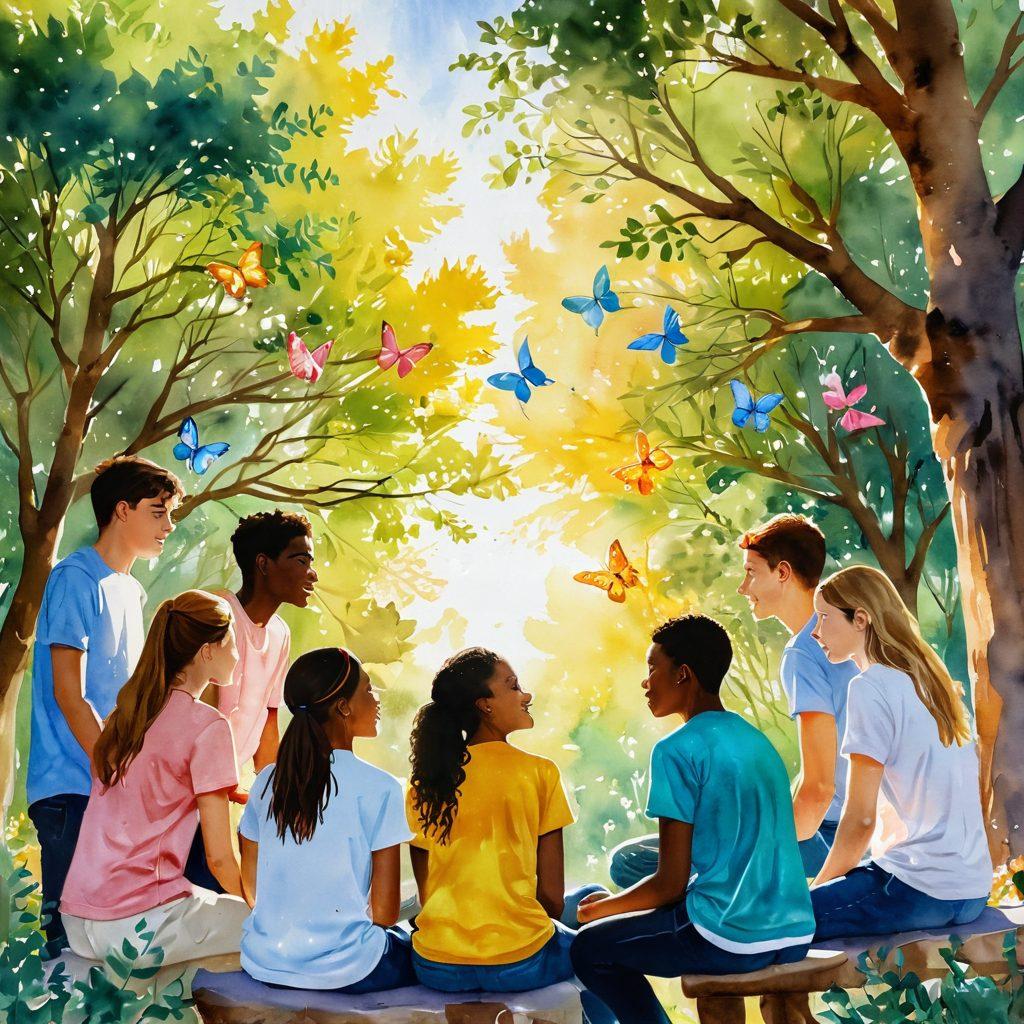 A serene scene showcasing a diverse group of teenagers engaging in a supportive circle, with warm sunlight filtering through trees. Illustrate various emotions on their faces including hope and empathy, surrounded by symbols of mental wellness like butterflies and blooming flowers. The background should depict a vibrant park setting, evoking a sense of tranquility and community. watercolor painting. vibrant colors.